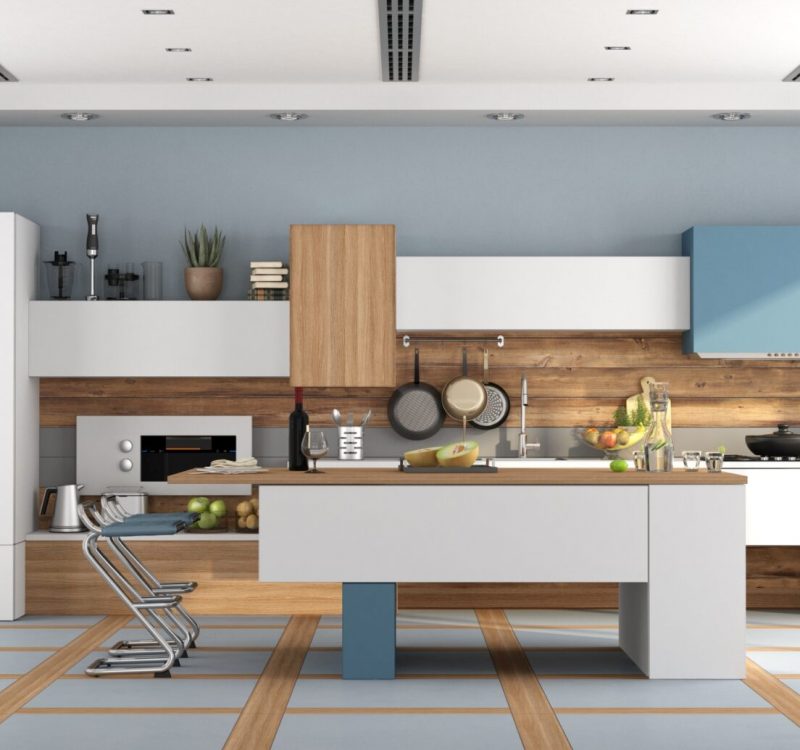 White and blue modern kitchen with island and stool - 3d rendering